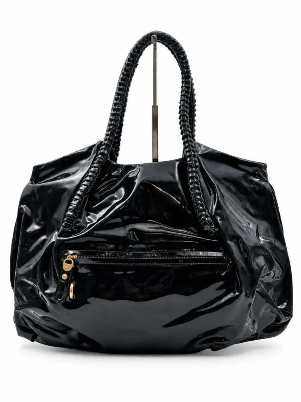 Salvatore Ferragamo Black Patent Leather Large Tote Shoulder Bag